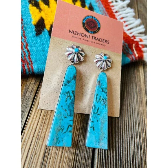 Navajo Sterling Silver & Turquoise Slab Concho Dangle Earrings